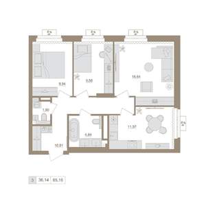 3-к квартира, вторичка, 65м2, 16/20 этаж