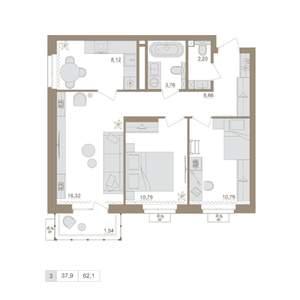 3-к квартира, вторичка, 62м2, 21/25 этаж