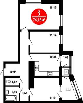 3-к квартира, вторичка, 74м2, 21/25 этаж