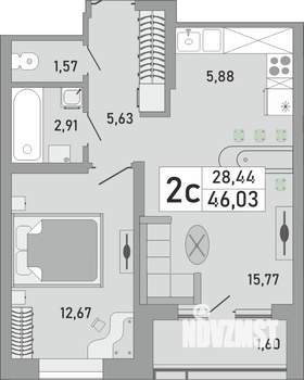 2-к квартира, строящийся дом, 46м2, 20/24 этаж