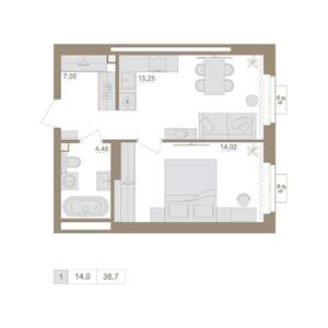 1-к квартира, вторичка, 39м2, 7/25 этаж