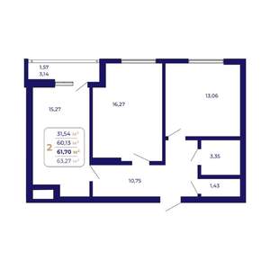 2-к квартира, строящийся дом, 62м2, 13/21 этаж