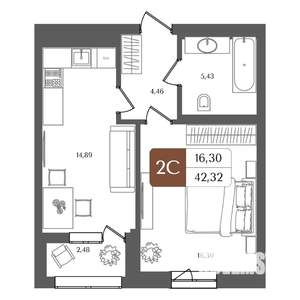 2-к квартира, строящийся дом, 42м2, 9/21 этаж