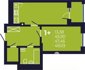1-к квартира, строящийся дом, 48м2, 2/25 этаж