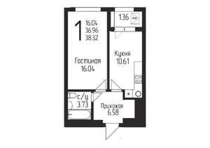 1-к квартира, строящийся дом, 38м2, 15/24 этаж