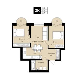 2-к квартира, вторичка, 53м2, 22/25 этаж