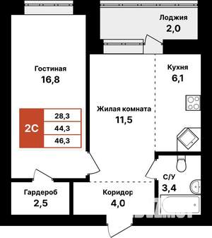 2-к квартира, вторичка, 46м2, 2/8 этаж
