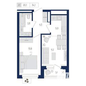 2-к квартира, вторичка, 34м2, 12/22 этаж