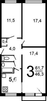 3-к квартира, вторичка, 62м2, 1/9 этаж