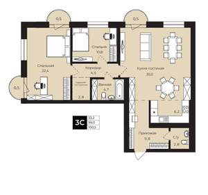 2-к квартира, вторичка, 101м2, 14/25 этаж