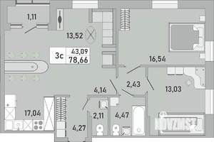 3-к квартира, строящийся дом, 79м2, 7/24 этаж