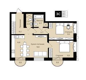 2-к квартира, вторичка, 70м2, 14/25 этаж