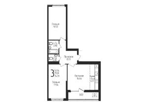3-к квартира, строящийся дом, 74м2, 9/25 этаж