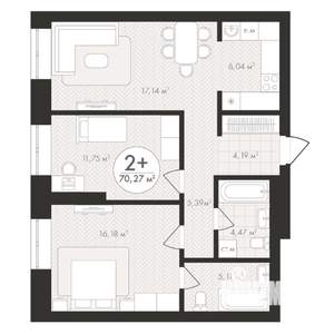 2-к квартира, строящийся дом, 70м2, 9/24 этаж