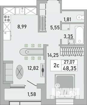 2-к квартира, строящийся дом, 48м2, 13/24 этаж