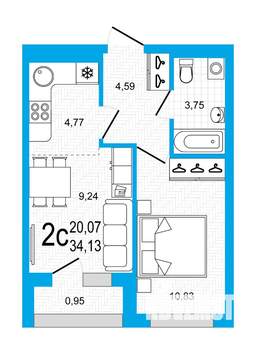 2-к квартира, вторичка, 34м2, 7/22 этаж