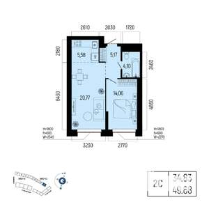 2-к квартира, вторичка, 50м2, 23/25 этаж