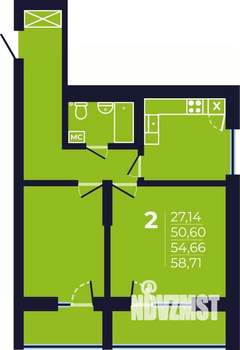 2-к квартира, строящийся дом, 55м2, 10/25 этаж