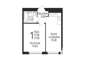 1-к квартира, строящийся дом, 38м2, 4/25 этаж