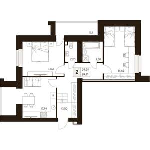 2-к квартира, строящийся дом, 69м2, 1/10 этаж