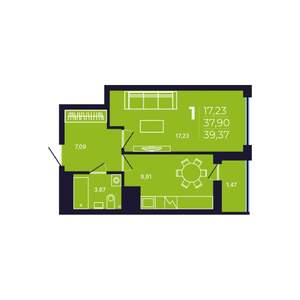 1-к квартира, строящийся дом, 39м2, 6/25 этаж