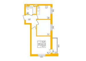 2-к квартира, строящийся дом, 43м2, 6/27 этаж