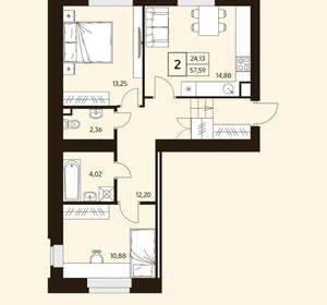 2-к квартира, вторичка, 58м2, 1/10 этаж