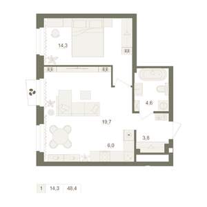 1-к квартира, вторичка, 48м2, 21/25 этаж