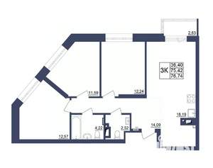 3-к квартира, строящийся дом, 76м2, 3/34 этаж