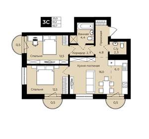 2-к квартира, вторичка, 63м2, 16/25 этаж
