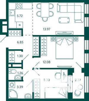 2-к квартира, вторичка, 54м2, 5/27 этаж