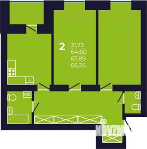 2-к квартира, строящийся дом, 66м2, 8/12 этаж