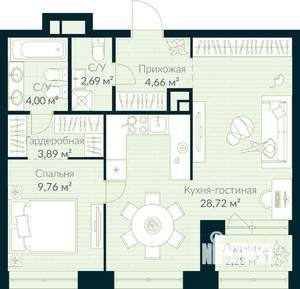 1-к квартира, вторичка, 55м2, 6/10 этаж