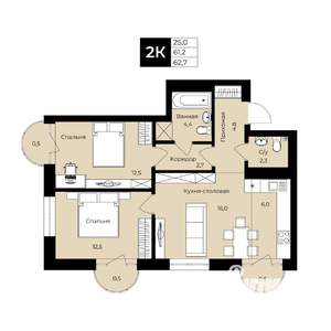 2-к квартира, вторичка, 61м2, 22/25 этаж