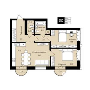 2-к квартира, вторичка, 70м2, 4/25 этаж