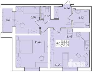 3-к квартира, строящийся дом, 59м2, 20/25 этаж