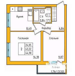 2-к квартира, строящийся дом, 45м2, 24/27 этаж