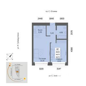 2-к квартира, вторичка, 45м2, 18/32 этаж
