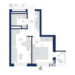 1-к квартира, вторичка, 33м2, 11/22 этаж