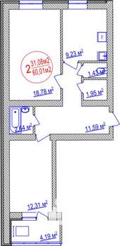 2-к квартира, строящийся дом, 60м2, 9/14 этаж