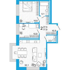 2-к квартира, вторичка, 78м2, 10/23 этаж