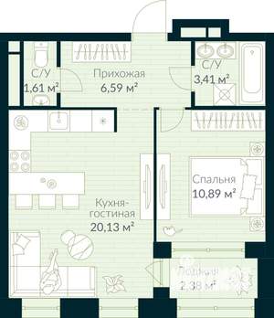 1-к квартира, строящийся дом, 44м2, 21/30 этаж