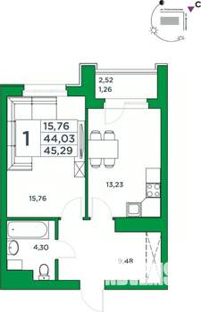 1-к квартира, вторичка, 44м2, 20/24 этаж