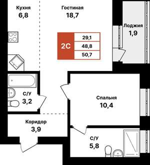 2-к квартира, вторичка, 51м2, 5/8 этаж