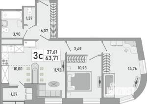 3-к квартира, строящийся дом, 64м2, 13/24 этаж