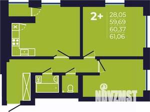 2-к квартира, строящийся дом, 60м2, 4/25 этаж