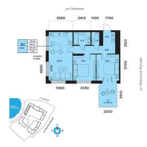 3-к квартира, вторичка, 66м2, 2/32 этаж