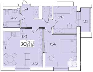 3-к квартира, строящийся дом, 59м2, 25/25 этаж