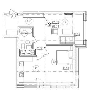 2-к квартира, строящийся дом, 59м2, 21/28 этаж