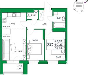 2-к квартира, вторичка, 60м2, 20/24 этаж